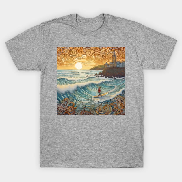 Lone Surfer At Fistral Beach Folk Art T-Shirt by EpicFoxArt